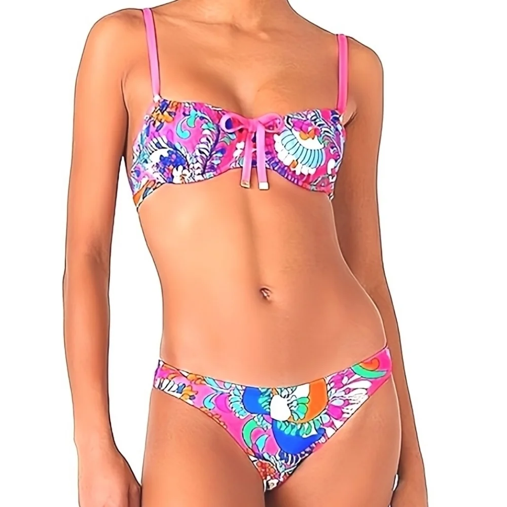 Kate Spade New York Printed Cinch Front Balconette Top Bikini Bottom Swimsuit S